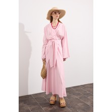 Mirella Kruvaze Bağlamalı Keten Elbise Pembe