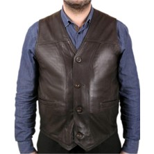 Hakiki Deri Kahverengi Mendas Düğmeli Erkek Deri Yelek