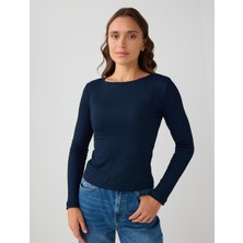 Jimmy Key Lacivert Dar Kesim Kayık Yaka Örme Bluz