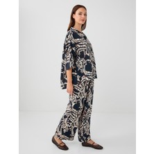 Jimmy Key Lacivert Desenli Yüksek Bel Bol Paça Dokuma Pantolon