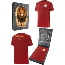 Galatasaray Orijinal Lisanslı Sıfır Yaka Kırmızı Antrenman 5 Yıldızlı T-Shirt Gs Aslan Baskılı Hediyelik Ahşap Kutulu