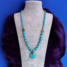 Turkuaz Yuvarlak Uçlu Çiçek Detaylı Doğal Taş Kolye