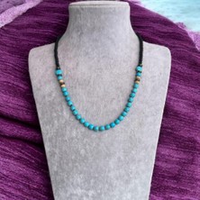 Mini Turkuaz Sıralı Mat Siyah Boncuklu Doğal Taş Kolye