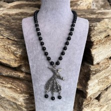 Siyah Parlak Oniks Sıralı Semazen Uçlu Doğal Taş Kolye