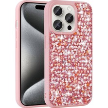 Apple iPhone 15 Pro Kılıf Parlak Taşlı Tasarım Xemu Linea Kapak-Pembe