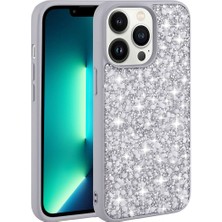 Apple iPhone 13 Pro Kılıf Parlak Taşlı Tasarım Xemu Linea Kapak-Gümüş