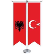 Arnavutluk Bayrağı -Çift Başlı Kartal ve Türkiye -Saten T Direk 2li Masa Bayrağı