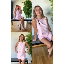Asimetrik Tarz Kesim %100 Pamuk Pembe Takım Etek Görünümlü Şortlu Yazlık Şık Kombin Ikili Set