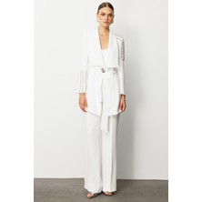 Moda Ilgi Kadın Omuz ve Kol Taş Işleme Detaylı Şal Yaka Kuşaklı Ceket 5007 Ekru