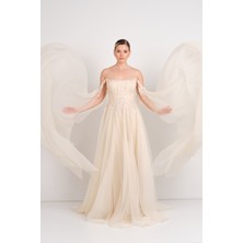 Ömür Inn Kadın Straplez Payet Işlemeli Kolları Pelerin Detaylı Uzun Abiye Elbise 5584 Şampanya