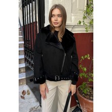 Kadın Içi Rapitli Kemer Detaylı Süet Mont