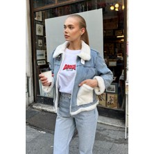Suni Kürk Detaylı Jean Ceket - Oversize Denim