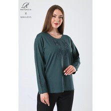 Kadın Orta Yaş ve Üzeri Viskon Damla Yaprak Desen Taşlı Işlemeli Likralı Zümrüt Anne Penye Bluz