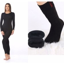 Bonbonetti Kadın Siyah Termal Terletmeyen Içlik Alt Üst Takım Termal Çorap Hediyeli
