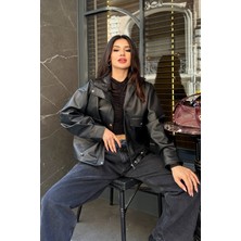 Suni Deri Oversize Bomber Ceket