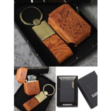 Zippo Çakmak, % 100 Deri Kişiye Özel Kişiselleştirilebilir  Anahtarlık Set