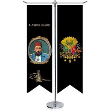 Osmanlı Padişahları -Iı. Abdülhamid ve Osmanlı Arması - Kırlangıç -Saten T Direk 2li Masa Bayrağı