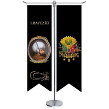 Osmanlı Padişahları - I. Bayezid -Beyazıt ve Osmanlı Arması-Kırlangıç-Saten T Direk 2li Masa Bayrağı