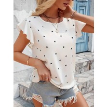 Ag Shoppings Kadın Kısa Kelebek Kollu Bisiklet Yaka Kalp Desenli Süprem Bluz