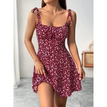 Arben Boutique Kadın Askılı Büzgü Detaylı Kare Yaka Çiçek Desenli Mini Süprem Elbise