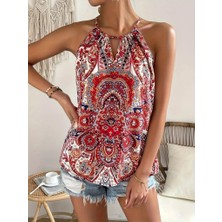 Arben Boutique Kadın Halter Kollu Damla Detaylı Desenli Süprem Bluz