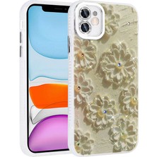Apple iPhone 11 Kılıf Çiçek Desenli Parlak Taşlı Sert Silikon Effx Garden Kapak-Beyaz