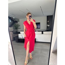 Arben Boutique Kadınn V Yaka Düğme Detay Kuşak Dahil Elbise