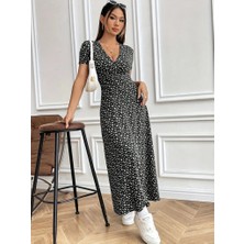 Sosostyle Kadın Kısa Kollu Kruvaze Yakalı Çiçek Desenli Süprem Elbise