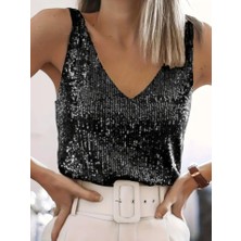 Aisha Elbise Pul Payetli Sıfır Kol Bluz -Siyah