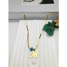 Nazar Boncuklu Italyan (M) Harf Çelik Kolye 45 cm (Gold) 0106244