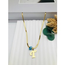 Nazar Boncuklu Italyan (T) Harf Çelik Kolye 45 cm (Gold) 0106248