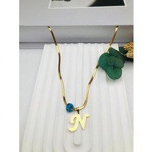 Nazar Boncuklu Italyan (N) Harf Çelik Kolye 45 cm (Gold) 0106245