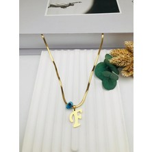 Nazar Boncuklu Italyan (F) Harf Çelik Kolye 45 cm (Gold) 0106240
