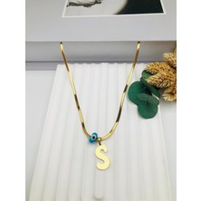 Nazar Boncuklu Italyan (S) Harf Çelik Kolye 45 cm (Gold) 0106246