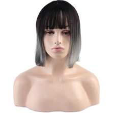 Elma Shop Küt Perçemli Fiber Sentetik Peruk - Siyah - Gri Ombreli