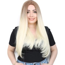 Elma Shop Fiber Sentetik Uzun Düz Peruk / Kumral / Platin Ombreli