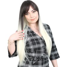 Nerm Fiber Sentetik Uzun Düz Kahküllü Peruk / Küllü Siyah / Platin Ombreli