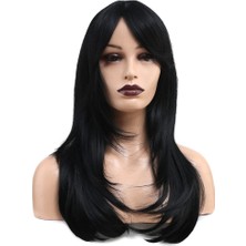 Nerm Katlı Kesim Perçemli Düz Fiber Sentetik Orta Boy Peruk / Siyah