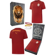 Galatasaray Orijinal Lisanslı Sıfır Yaka Kırmızı Antrenman 5 Yıldızlı T-Shirt + Bileklik Set Hediyelik Ahşap Kutulu