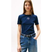 Kadın Grafik Baskılı Bisiklet Yaka T-Shirt - Lacivert