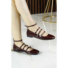 Erkan Saçmacı Elenuta Bordo Hakiki Dana Derisi Rugan Dört Bant Tokalı Fermuarlı Balerin Babet