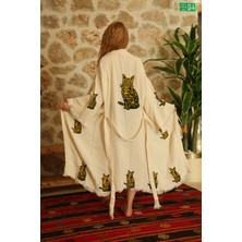 Müslin Kimono %100 Pamuklu Kedi Baskılı Desenli Bornoz Kaftan Sabahlık