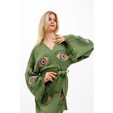 Müslin Kimono %100 Pamuklu Göz Baskılı Desenli Bornoz Kaftan Sabahlık