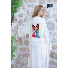 Müslin Kimono El Yapımı Nakış Işlemeli %100 Pamuklu Kedi Desenli Bornoz Kaftan Sabahlık