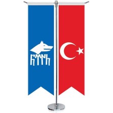 Göktürk Türk Kağanlığı Göktürkçe Bayrağı ve Türkiye -Kırlangıç - Saten T Direk 2li Masa Bayrağı