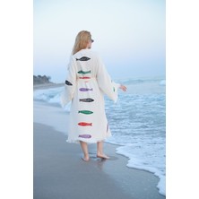 Müslin Kimono %100 Pamuklu Balık Baskılı Desenli Bornoz Kaftan Sabahlık