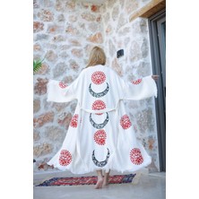Müslin Kimono %100 Pamuklu Güneş ve Ay Baskılı Desenli Bornoz Kaftan Sabahlık