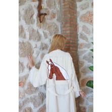 Müslin Kimono El Yapımı Nakış Işlemeli %100 Pamuklu At Desenli Bornoz Kaftan Sabahlık