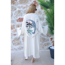 Müslin Kimono %100 Pamuklu Yaşam ve Fil Baskılı Desenli Bornoz Kaftan Sabahlık
