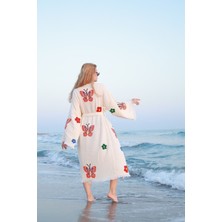 Müslin Kimono %100 Pamuklu Kelebek Baskılı Desenli Bornoz Kaftan Sabahlık